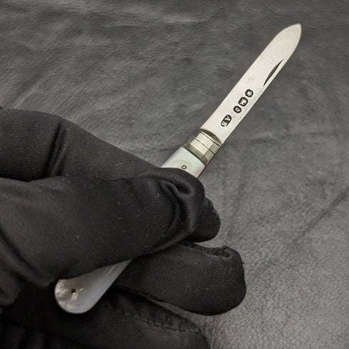 1896 British Antique White Pearl Shell Handle Pure Silver Blade Folding Pen Knife